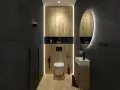 Salle de bain moderne avec deco wc noir et bois. Murs en ardoise, boiseries chaleureuses, miroir lumineux et sanitaires épurés.