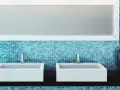 Salle de bain moderne avec double vasque, miroir rectangulaire et carrelage mural bleu. Idéal pour un calcul carrelage mural salle de bain.