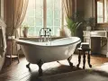Baignoire îlot sur pieds dorés, évoquant le poids d'une baignoire en fonte. Lumière douce filtrant par la fenêtre, ambiance luxueuse.
