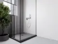 Douche surélevée pour évacuation, avec une paroi en verre et un robinet moderne. Un arbre vert apporte une touche de nature.