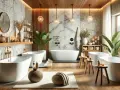 Salle de bain luxueuse avec plusieurs baignoires, robinetterie dorée et une ambiance de **fonte minérale** apaisante.
