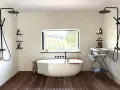 Une **salle de bain intemporelle** avec baignoire îlot, deux douches murales, et une vue sur la campagne.