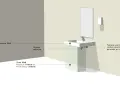 Illustration d'un lavabo PMR norme, avec siphon déporté et zone PMR définie.