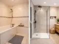 Avant/après : transformation d'une salle de bain avec baignoire en une douche moderne et spacieuse.