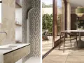Salle de bain et cuisine modernes avec carrelage au sol et mural. L'épaisseur du carrelage est subtile, créant une finition élégante.