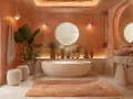 Une salle de bain aux teintes terracotta et beige, avec une baignoire ovale, un lavabo en pierre brute et des plantes luxuriantes.