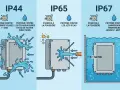 Illustration comparant les indices de protection IP44, IP65 et IP67. Idéal pour une salle de bain, l'IP67 protège contre l'immersion temporaire jusqu'à 1 mètre.