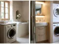 Salle de bain avec machine à laver, baignoire et lavabo. Une autre salle de bain présente une machine à laver empilée.