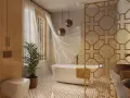 Élégante salle de bain style marocain avec baignoire, double vasque en cuivre, boiseries et carrelage ornemental.