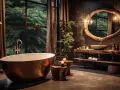 Baignoire cuivrée, lavabo en bois brut, et vue sur la forêt. Une **salle de bain zen** pour se ressourcer.