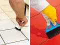 Nettoyer carrelage après joint : une main frotte les joints d'un carrelage clair, tandis qu'une autre brosse un carrelage rouge vif.