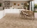 Salle à manger moderne avec sol carrelé géométrique. Poser du carrelage sur du carrelage peut présenter des inconvénients, mais ce sol est magnifique.