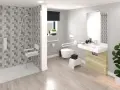 Salle de bain moderne avec douche, WC suspendu, lavabo et barres d'appui. Le sol imitation bois est pratique et esthétique, idéal pour un sol PMR.