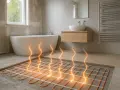 Installation d'un système de chauffage au sol dans une salle de bain moderne. Des tubes orange sont posés sur le béton, prêts à diffuser une chaleur confortable.