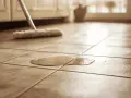 Un nettoyeur vapeur s'apprête à nettoyer un carrelage encrassé, une flaque d'eau sur le sol.