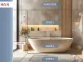 Salle de bain moderne avec baignoire. Schéma des zones de sécurité électrique, incluant le différentiel électrique.
