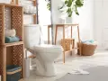 Toilette moderne et épurée, avec étagères en bois, paniers de linge et plantes vertes. Un style toilette invitant et fonctionnel.