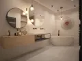 Salle de bain épurée avec baignoire îlot, double vasque et mobilier bois. Une vision de la tendance salle de bain 2026.