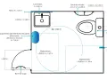 Plan d'un wc pmr avec dimensions : lavabo, cuvette, barres de maintien, patère, et emplacements pour fauteuil roulant.