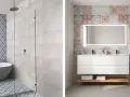 Salle de bain moderne avec baignoire et douche, murs ornés de **carrelage collé** aux motifs géométriques bleus et de carreaux décoratifs colorés.