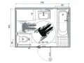 Plan de travail PMR : schéma d'une salle de bain adaptée avec espace de manœuvre pour fauteuil roulant, baignoire, lavabo et WC.