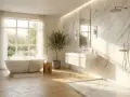 Salle de bain lumineuse avec baignoire îlot, douche à l'italienne en marbre et un sol en parquet clair.