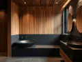 Élégante salle d'eau noir et bois, avec baignoire îlot, double vasque et miroirs ronds.