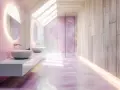 Salle de bain moderne aux murs roses texturés et au sol brillant. La **hauteur frise salle de bain** est soulignée par des miroirs ronds lumineux et une paroi de douche en verre.