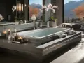 Salle de bain luxueuse avec baignoire, orchidées et vue panoramique. La question "Quelle hauteur pour votre miroir Salle de Bain ?" est inscrite.