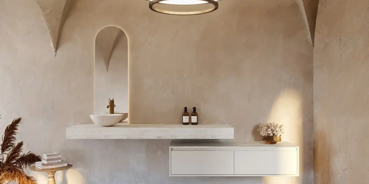 Une salle de bain nature aux murs texturés, avec un lavabo suspendu, un miroir arqué rétroéclairé et des touches végétales.
