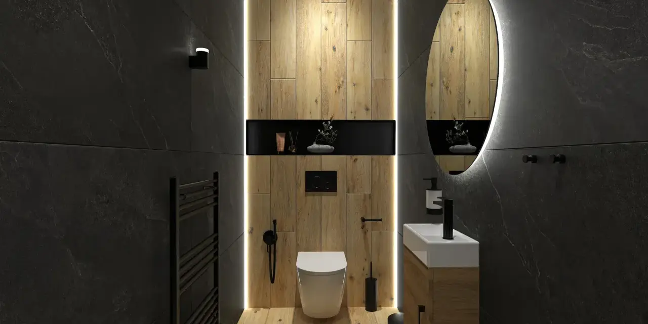 Salle de bain moderne avec deco wc noir et bois. Murs en ardoise, boiseries chaleureuses, miroir lumineux et sanitaires épurés.