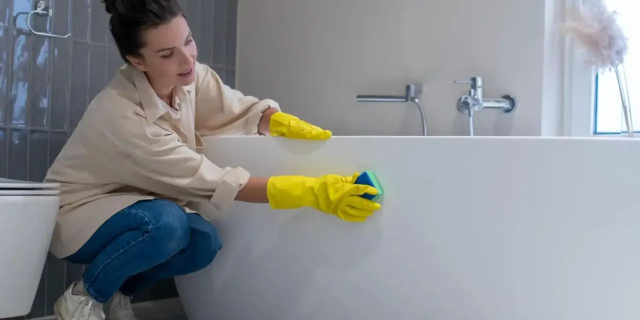 Femme en gants jaunes effectuant le nettoyage d'une baignoire acrylique avec une éponge.