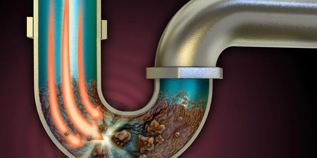 Tuyau de douche bouché avec accumulation de saleté, causant une mauvaise odeur. Des flèches rouges indiquent un flux bloqué.