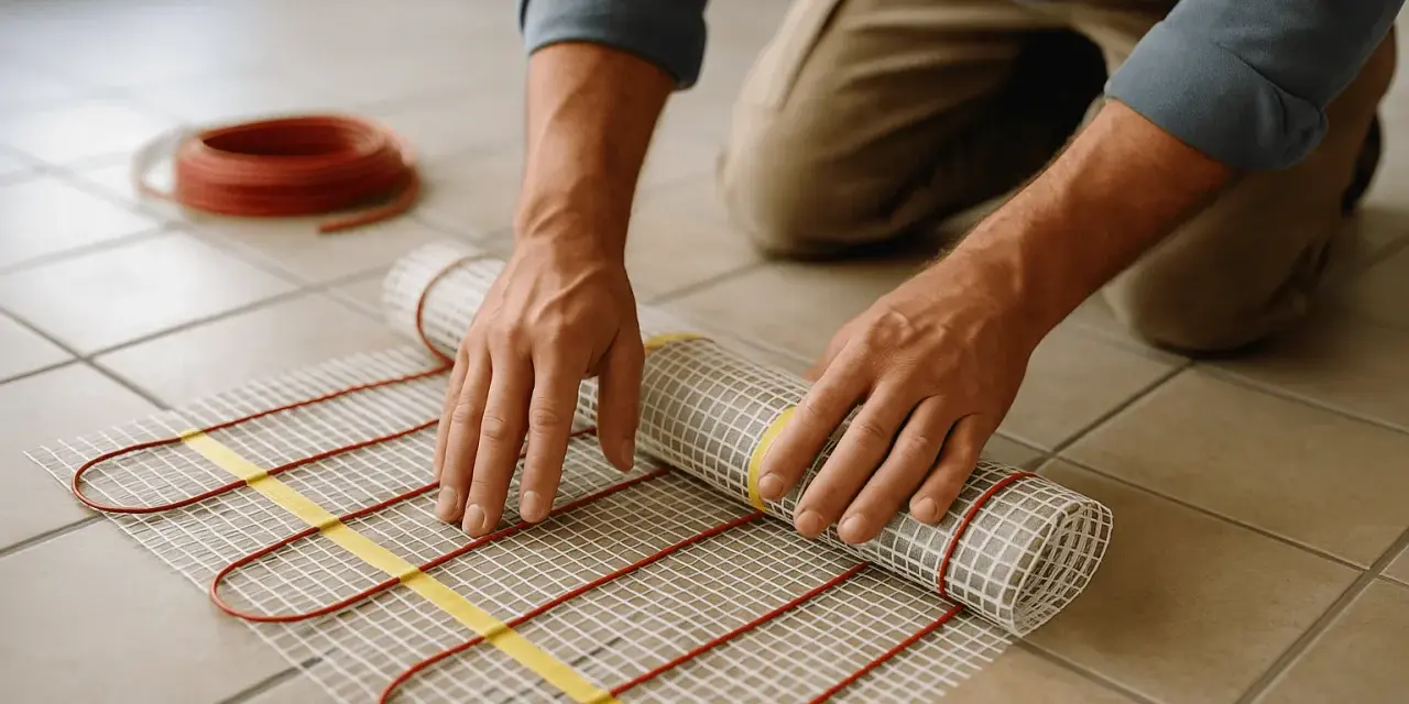 Pose d'un tapis chauffant pour plancher avant la pose de la colle carrelage. Un rouleau de câble rouge est visible.