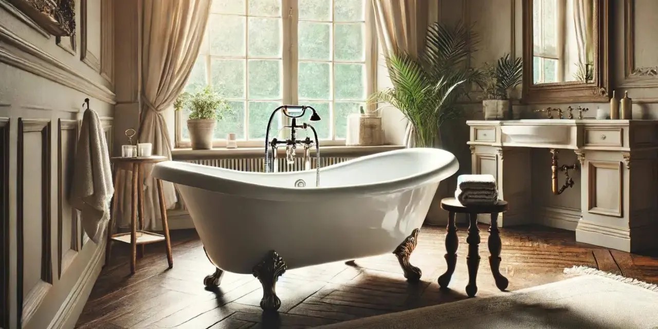 Baignoire îlot sur pieds dorés, évoquant le poids d'une baignoire en fonte. Lumière douce filtrant par la fenêtre, ambiance luxueuse.