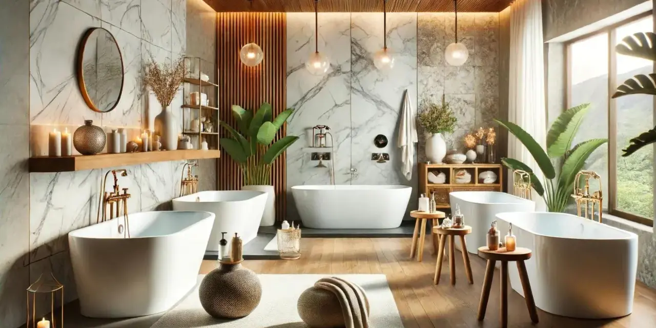 Salle de bain luxueuse avec plusieurs baignoires, robinetterie dorée et une ambiance de **fonte minérale** apaisante.