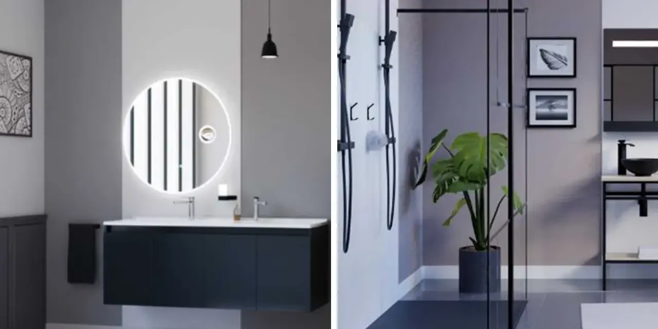 Home staging salle de bain moderne avec miroir lumineux, meuble suspendu et douche à l'italienne.