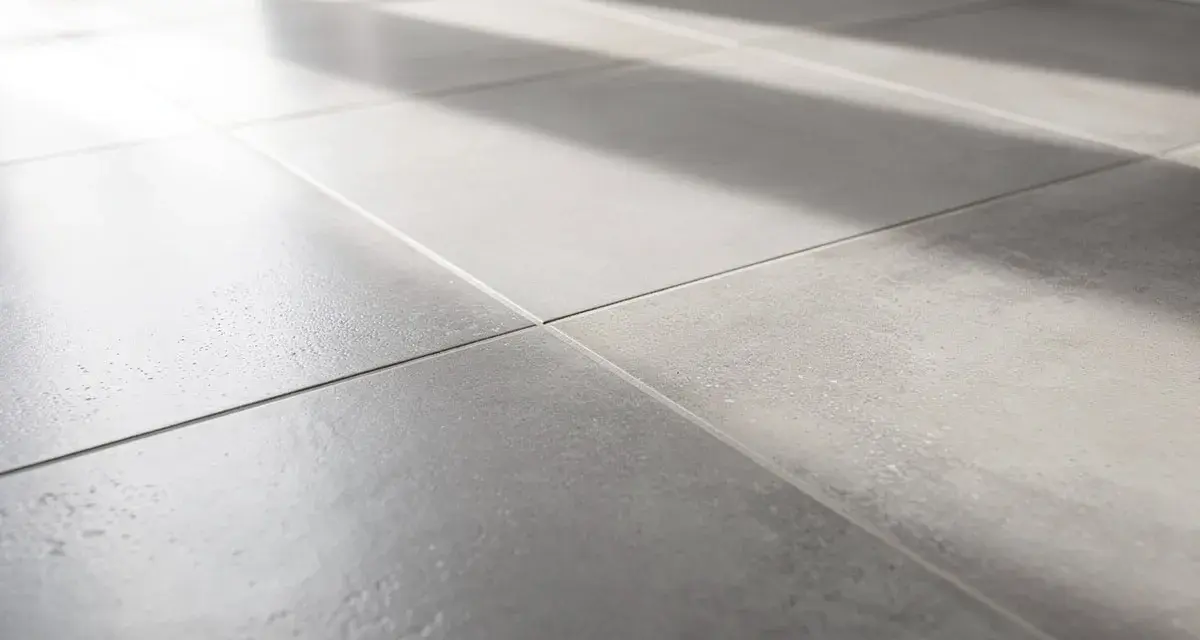 Gros plan sur un carrelage gris moderne, baigné de lumière. On entendrait presque le carrelage qui sonne creux sous les pas.
