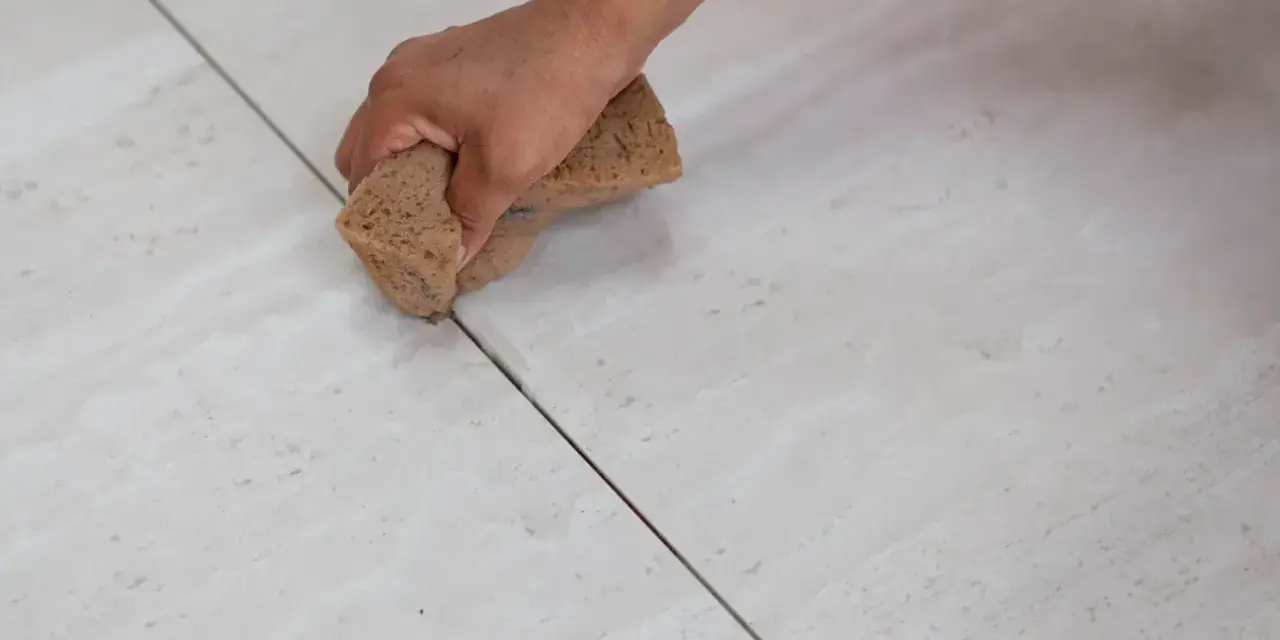 Main tenant, quelle couleur de joint pour carrelage beige ? Une main utilise une éponge pour nettoyer les joints entre des carreaux beiges clairs.