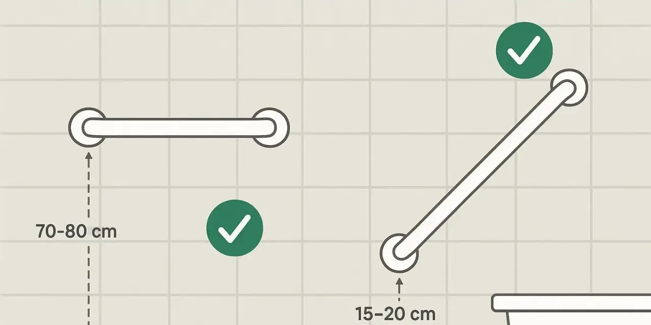 Schéma montrant le positionnement idéal des barres d'appui pour un rectangle PMR WC. Hauteur 70-80 cm pour une barre horizontale, 15-20 cm pour une barre inclinée.