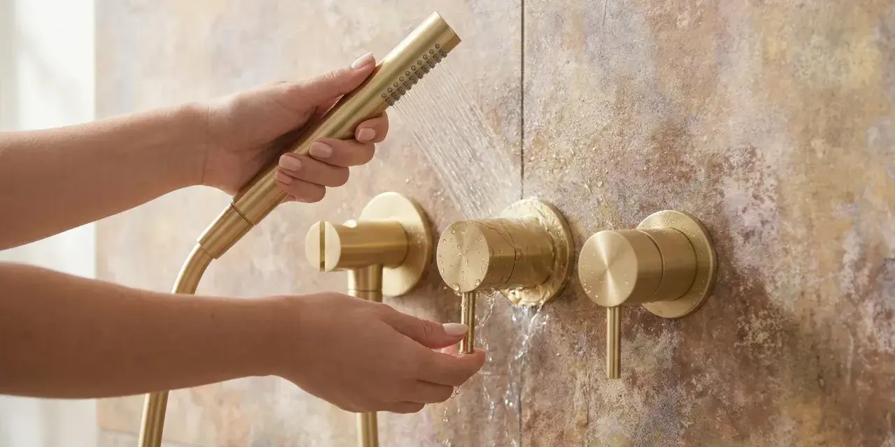 Mains dorées ajustant le débit d'eau d'une robinetterie de salle de bain en laiton, pour un nettoyage chrome salle de bain impeccable.