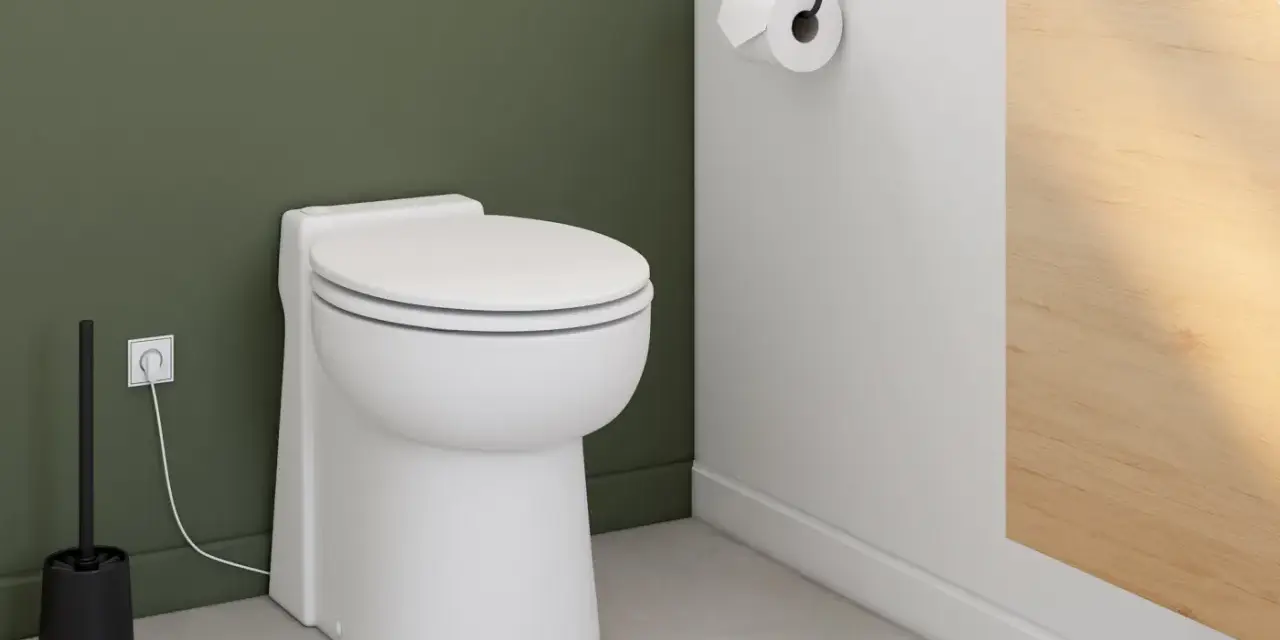 Toilettes modernes avec un sanibroyeur discret, dont le fonctionnement est assuré par une prise électrique visible.