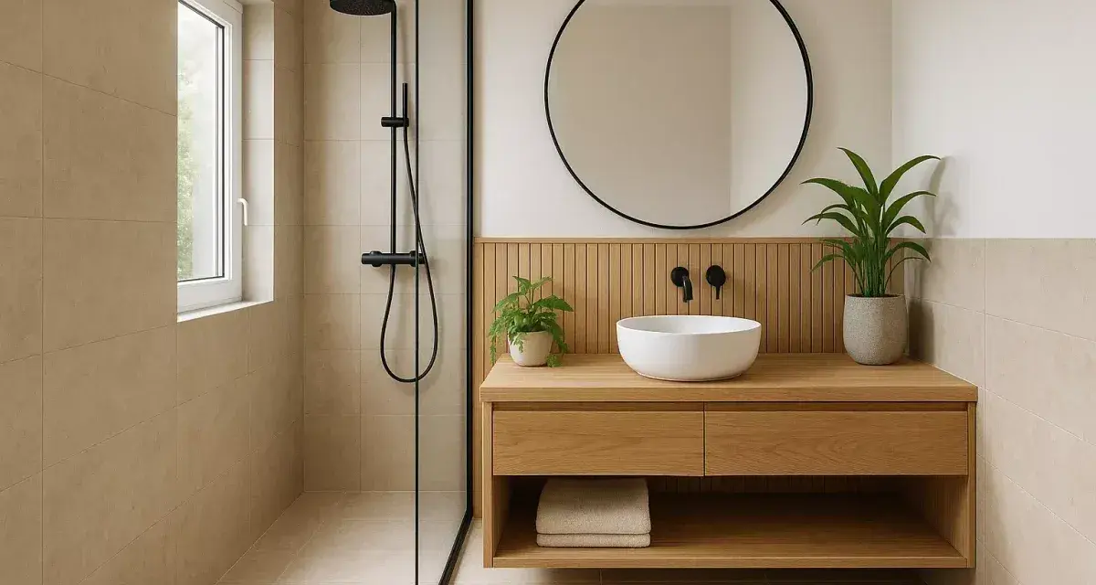 Douche moderne et meuble vasque en bois dans une petite salle de bain 3m2. Miroir rond, plantes vertes et carrelage clair apportent une touche zen.
