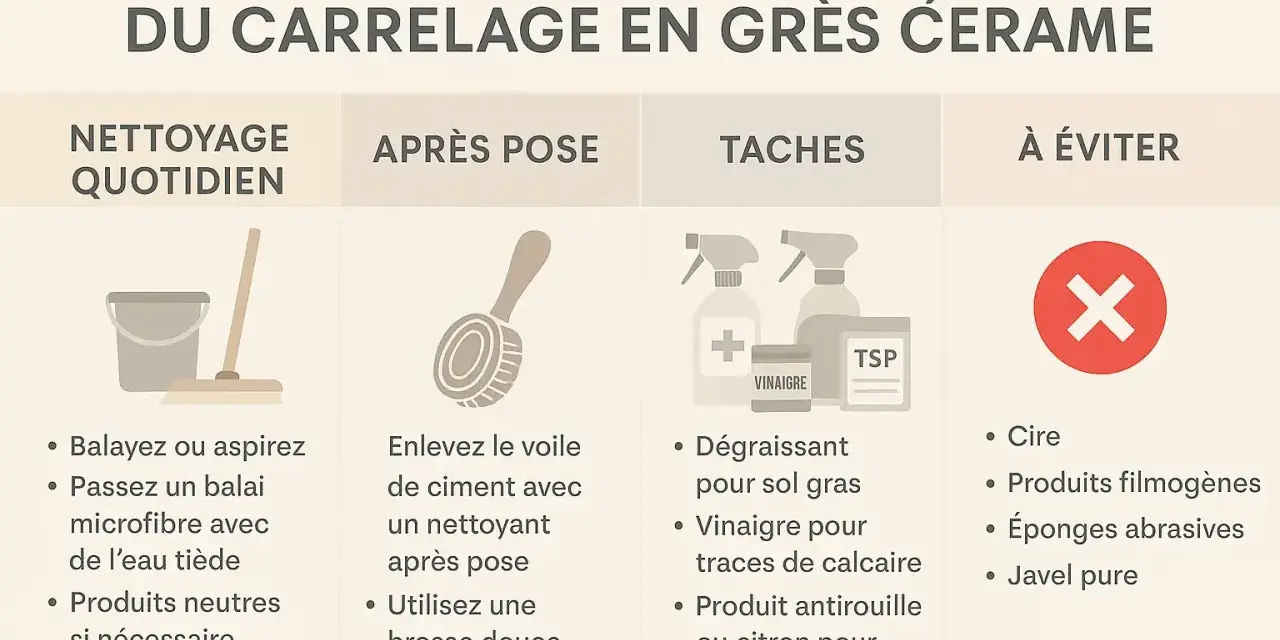 Guide d'entretien du carrelage : nettoyage quotidien, après pose, gestion des taches et produits à éviter pour prévenir toute rayure sur le carrelage.