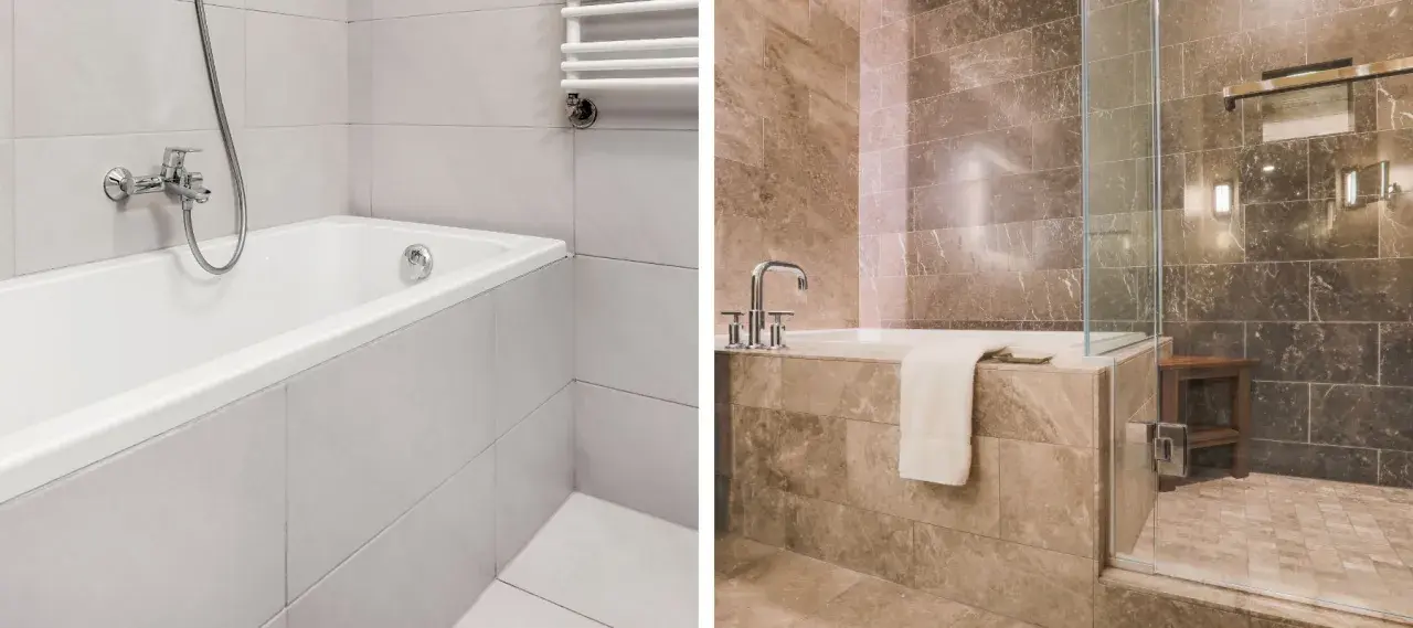 Salle de bain moderne avec baignoire et douche, habillage baignoire carrelage élégant.