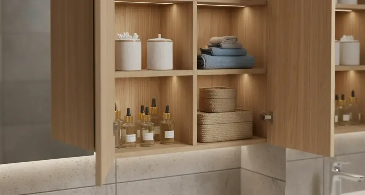 Belle idée rangement salle de bain : étagères en bois clair avec produits, serviettes et paniers tressés.