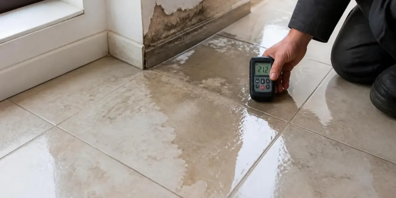 Un professionnel utilise un humidimètre pour diagnostiquer un carrelage qui se décolle à cause de l'humidité, révélant des dégâts importants.