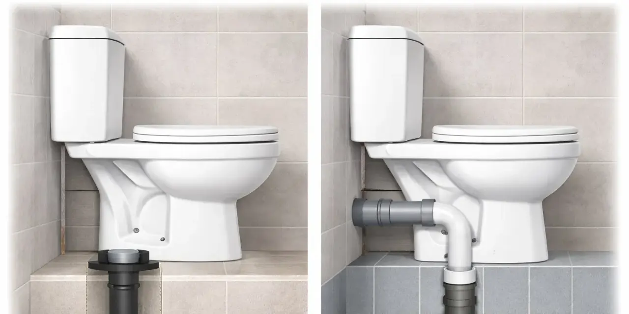 Comparaison de deux installations de toilette sans évacuation : une avec sortie verticale et l'autre avec sortie horizontale.