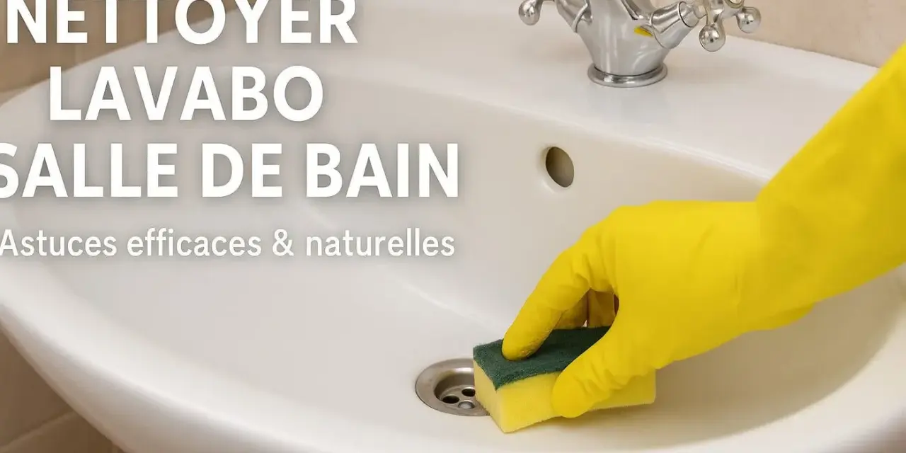 Main jaune nettoyant un lavabo de salle de bain pour enlever le calcaire. Astuces efficaces et naturelles.