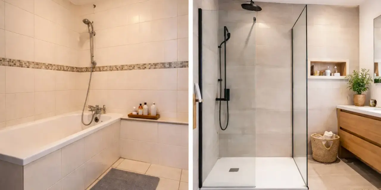 Avant/après : transformation d'une salle de bain avec baignoire en une douche moderne et spacieuse.